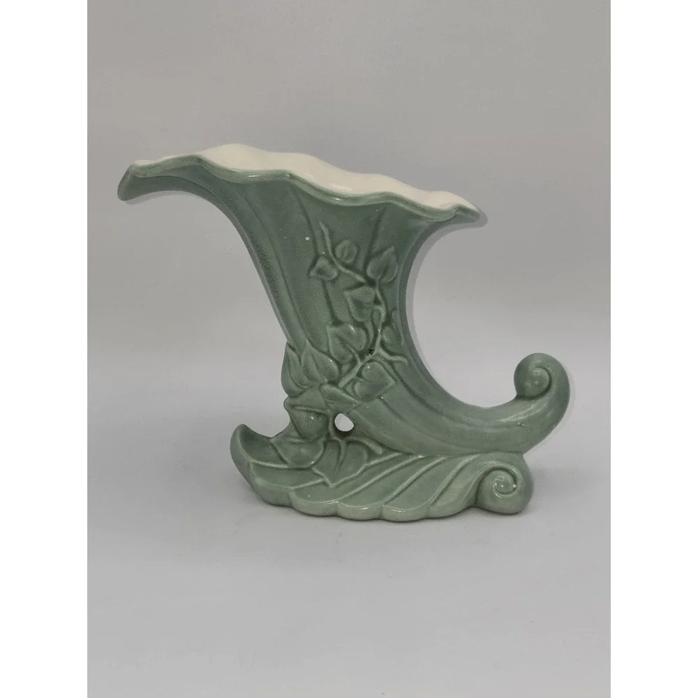 Vintage Red Wing Pottery Matte Green & Cream Cornucopia Vase #1097 Art Deco